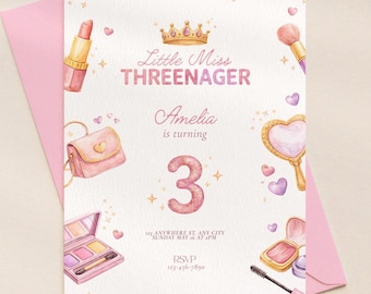 Little Miss Threenager Birthday Invite | 3 Years Old Girl Birthday Party Invitation | Digital Download | Canva Template