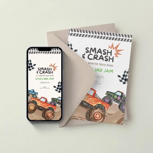 May include: An invitation and a smartphone display a "Smash & Crash" monster truck bash theme. The invitation features illustrations of monster trucks, checkered flags, and the text "Kyle's 3rd Jam." The smartphone screen mirrors the invitation design.