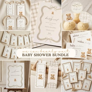 Bearly Wait Baby Shower Bundle | Gender Neutral Teddy Bear Baby Shower Invite | Editable Canva Template | Editable Bearly Wait Invite Bundle