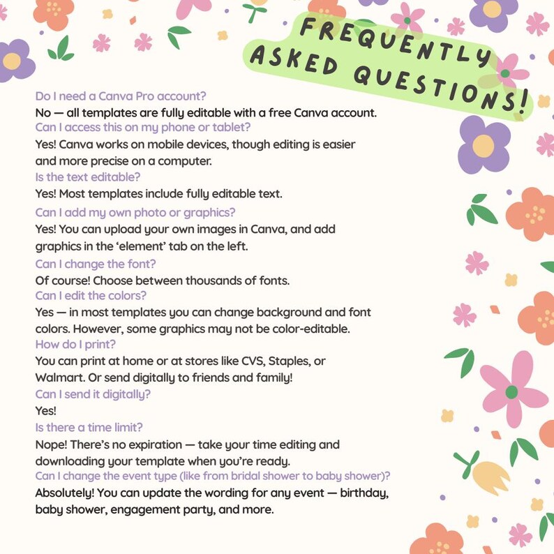 May include: A pastel-colored graphic with the text "FREQUENTLY ASKED QUESTIONS!" in green. The text answers common questions about Canva templates, including editing, font changes, and printing options. Floral and leaf accents decorate the page.