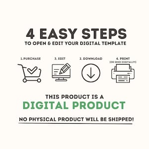 May include: An infographic with the text "4 EASY STEPS" and instructions for opening and editing a digital template. The steps include purchase, edit, download, and print. The text "THIS PRODUCT IS A DIGITAL PRODUCT" is also included.