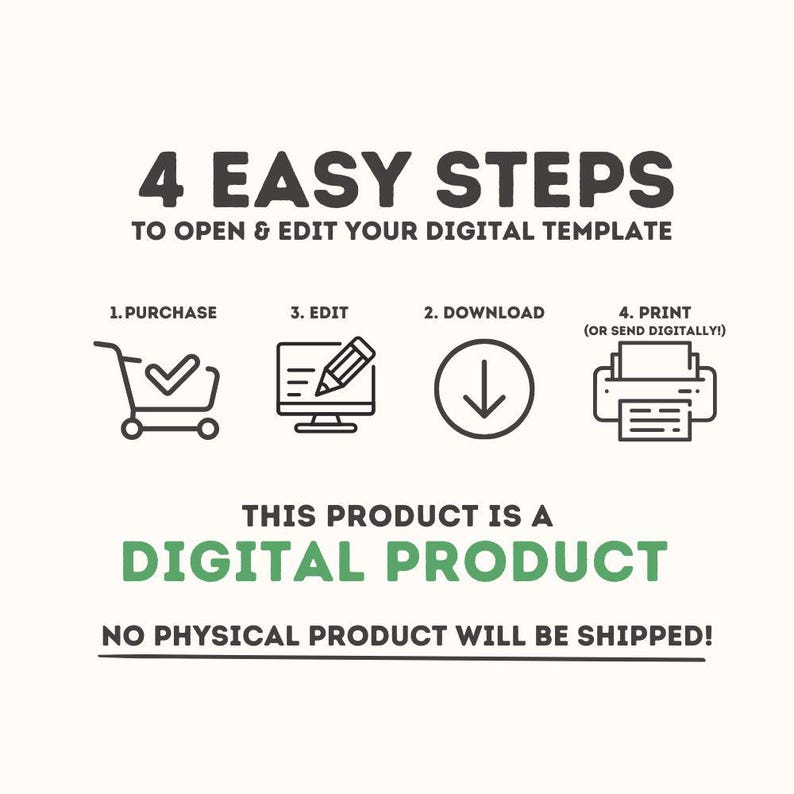 May include: An infographic with the text "4 EASY STEPS" and instructions for opening and editing a digital template. The steps include purchase, edit, download, and print. The text "THIS PRODUCT IS A DIGITAL PRODUCT" is also included.