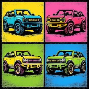 Puede incluir: Imagen de estilo pop art con cuatro Ford Bronco en diferentes colores: azul, rosa, amarillo y verde. Cada vehículo tiene la palabra "BRONCO" en la parte delantera. Los fondos son amarillo, rosa, verde y azul.