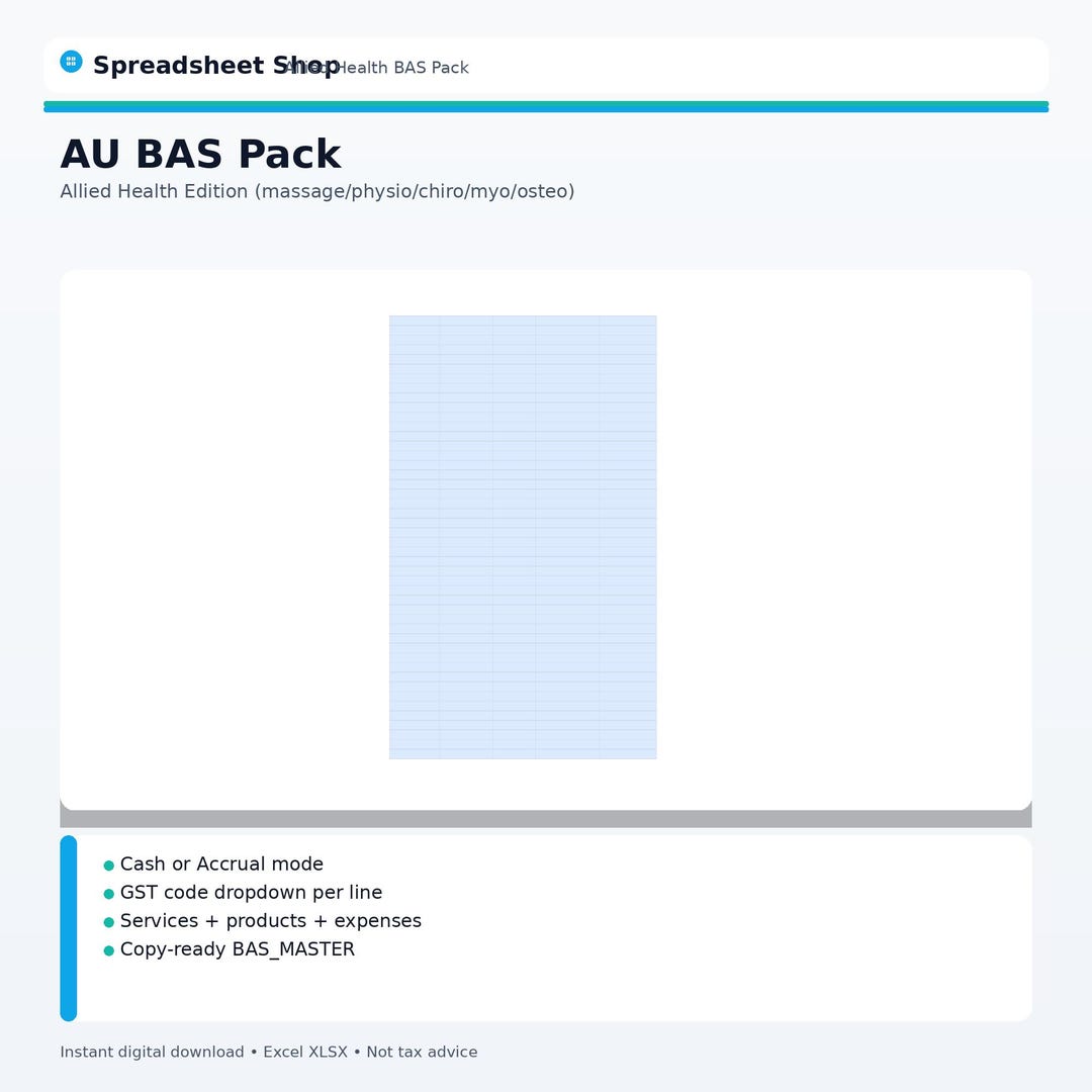 Spreadsheet Shop - Allied Health BAS Pack (massage/physio/chiro/myo ...