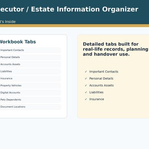 Informationsorganisatör för testamentsexekutorer – Excel Digital Planner (Omedelbar nedladdning)