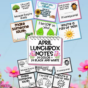 May include: A collection of colorful and black and white lunchbox notes with fun illustrations and puns. The notes feature images of a tree, a frog, leaves, a sun, a bee, and a sunflower. The text on the notes includes phrases like "Why can't you trust trees?" and "I be-LEAF in you!"