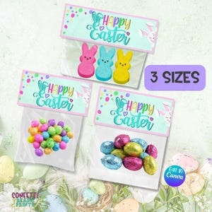 May include: Easter treat bags with "Happy Easter" text and bunny designs. The bags are filled with colourful sweets and marshmallow Peeps. The image also includes the text "3 Sizes" and "Edit in Canva".