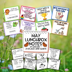 May include: A collection of colorful and black-and-white lunchbox notes for May. The notes feature fun questions, illustrations of a lion, frog, and other images, and positive messages. The set includes 24 color and 24 black and white notes.