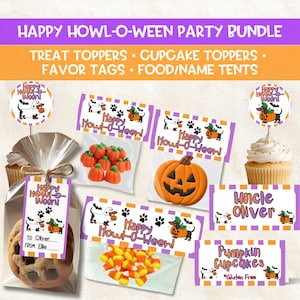 May include: A Halloween party bundle featuring treat toppers, cupcake toppers, favor tags, and food tents. The items display the text Happy Howl-O-Ween, illustrations of dachshunds in costumes, pumpkins, and paw prints in orange, purple, and white.