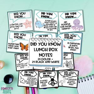 May include: A collection of "Did You Know" lunch box notes with fun facts about animals. The notes feature colorful illustrations of a starfish, narwhal, octopus, butterfly, bee, and flamingo. The notepad reads "Did You Know Lunch Box Notes 24 Color + 24 Black and White."
