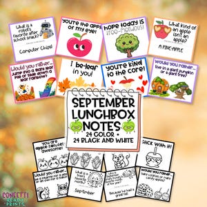 May include: A collection of September lunchbox notes featuring colorful illustrations and black and white designs. The central card reads September Lunchbox Notes 24 Color + 24 Black and White, surrounded by cards with puns, jokes, and would you rather questions.