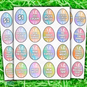 Puede incluir: Un conjunto de pegatinas coloridas con forma de huevo de Pascua con varios temas de actividades. Cada huevo presenta un diseño y texto únicos, como "Pizza Night" y "Mini Golf". Las pegatinas están sobre un fondo blanco.