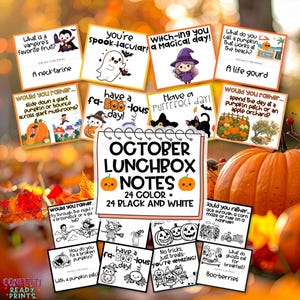 May include: A collection of printable October lunchbox notes featuring Halloween-themed jokes, puns, and would-you-rather questions. The set includes colourful illustrations of ghosts, pumpkins, and witches, alongside black and white versions.