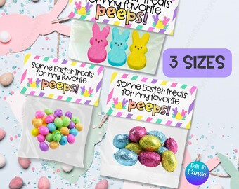 May include: Three clear bags of Easter treats with colorful labels that read "Some Easter treats for my favorite peeps!". The bags contain Peeps, jelly beans, and foil-wrapped chocolate eggs. The image also says "3 Sizes".