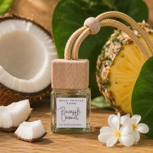 May include: A small square glass oil diffuser bottle with a light wood cap and a beige rope hanger. The white label reads Wild Thistle Farm Pineapple Coconut Oil Diffuser 8ml. The bottle is surrounded by a coconut half, coconut chunks, and a pineapple.