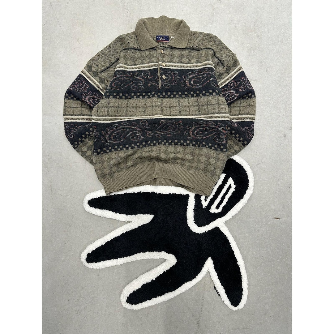 Vintage Gordie Howe Mens Knit Polo Sweater Olive Green Paisley Argyle L ...