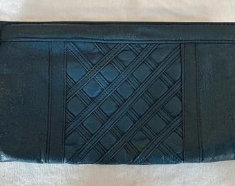 Vintage 70s Bonnie International Navy Leather Clutch | Embossed Diamond Pattern