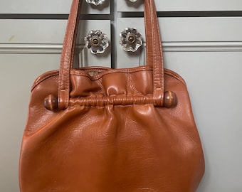Vintage 1960s 1970s Mod Vinyl Handbag Brown Wooden Ball Frame Purse Retro Boho