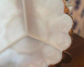 Vintage White Milk Glass Divided Candy Dish with Gold Trim | Scalloped Relish Bowl | Mid-Century Serving Dish