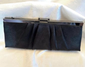 Vintage Gunne Sax Black Satin Pleated Clutch, Chain Strap Evening Bag