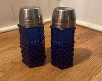 Vintage Cobalt Blue Pressed Glass Salt & Pepper Shakers Hexagon Diamond Pattern
