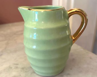 Vintage Art Deco Crown Devon Ribbed Mint Green Creamer Jug with 22k Gold Trim | English Mid-Century Pottery | S. Fielding & Co.