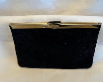Vintage Etra Black Suede Clutch with Square Gold Frame & Orange Satin Lining