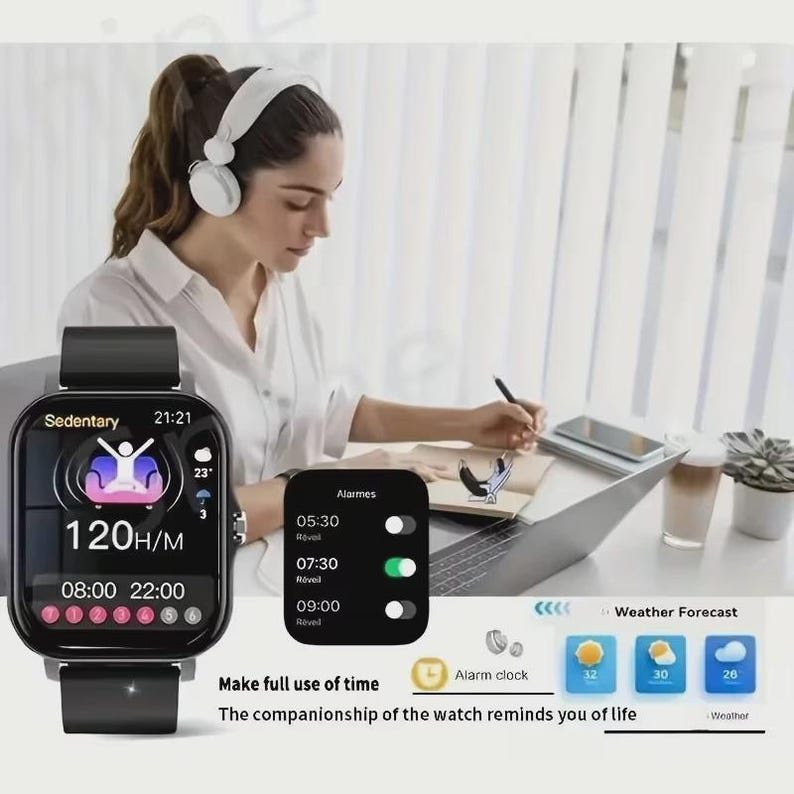 May include: A black smartwatch with a rectangular face displays time, health metrics, and alarm settings. The watch has a black band and is shown with the text "Make full use of time" and "The companionship of the watch reminds you of life."