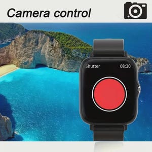 May include: Black smartwatch with a square screen displaying a red circle and the word "Shutter." The watch also shows the time 08:30. The words "Camera control" are above the watch, with a camera icon.