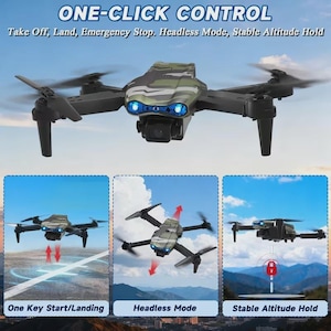 May include: A camouflaged drone with four propellers is shown mid-flight against a blue sky. The image includes text: "ONE-CLICK CONTROL" and "Take Off, Land, Emergency Stop. Headless Mode, Stable Altitude Hold." Additional images show features like "One Key Start/Landing."