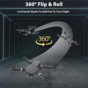 May include: A dark gray drone with the text "Drone" on the side, performing a 360-degree flip. The image includes the text "360&deg; Flip & Roll" and "Cool Aerial Stunts To Add Fun To Your Flight".