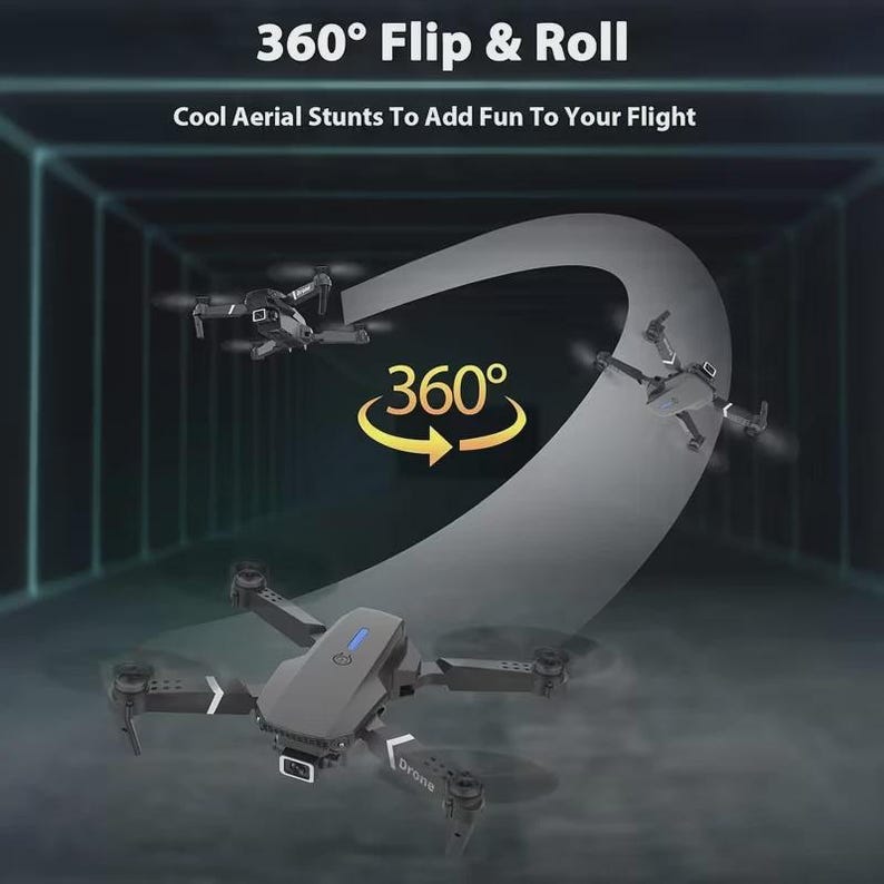 May include: A dark gray drone with the text "Drone" on the side, performing a 360-degree flip. The image includes the text "360&deg; Flip & Roll" and "Cool Aerial Stunts To Add Fun To Your Flight".