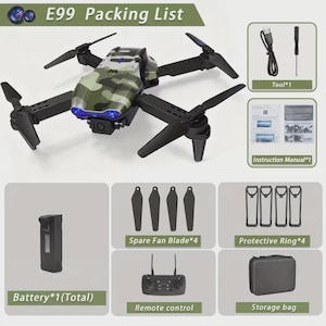 May include: E99 drone packing list. The drone has a camouflage design and black propellers. Included are a battery, remote control, spare fan blades, protective rings, a tool, instruction manual, and a storage bag.
