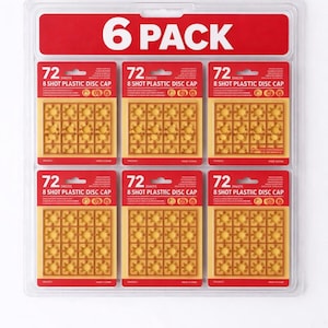 May include: A 6-pack of 8-shot plastic disc caps in a clear plastic container. Each package is labeled with "72 SHOTS" and "8 SHOT PLASTIC DISC CAP". The caps are a golden yellow color and arranged in a grid pattern.