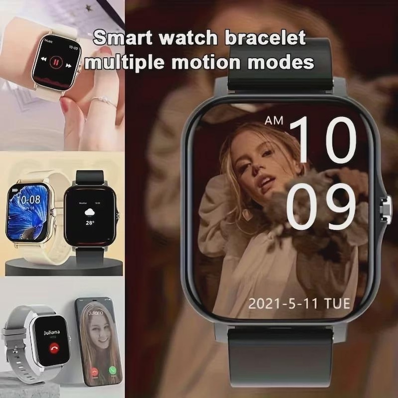 May include: A collection of smartwatches with various displays. One shows a music player interface, another displays the time and weather, and a third shows an incoming call from "Juliana." The main watch face displays the time as 10:09 AM, with the date and day.