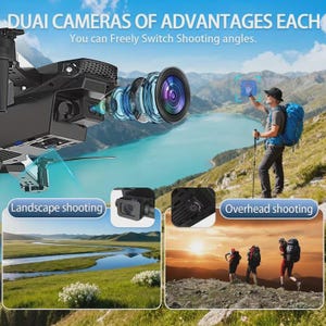 May include: Black drone with dual cameras and the text "DUAI CAMERAS OF ADVANTAGES EACH" and "You can Freely Switch Shooting angles." The image shows landscape and overhead shooting options. A person is hiking near a lake.