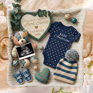 May include: A baby announcement set featuring a navy blue polka dot onesie with the text "BABY Anderson", a striped beanie, and blue plaid baby shoes. A teddy bear, ultrasound photo, and decorative heart are also included.