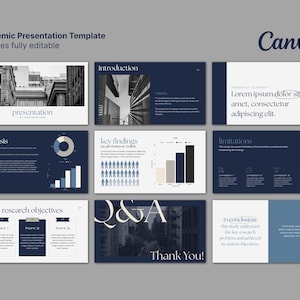 May include: A digital presentation template with a modern design. The slides feature a navy blue and white colour scheme, with text and graphics. The presentation includes slides for introduction, analysis, key findings, and conclusion. The Canva logo is visible.