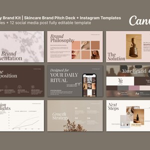 Puede incluir: Una plantilla de presentación digital para un kit de marca de belleza, con diapositivas que muestran texto como "The Brand Presentation" y "Brand Philosophy". El logotipo de Canva es visible. Incluye plantillas de Instagram.