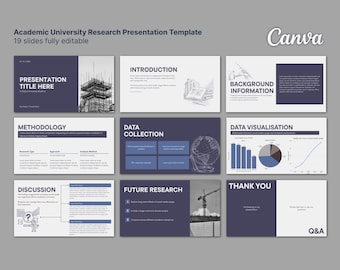 Plantilla de presentación de investigación académica universitaria en Canva / Diapositivas para tesis y disertaciones / Presentación estudiantil editable