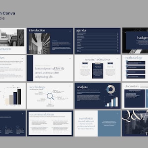 Puede incluir: Una plantilla de presentaci&oacute;n de 16 p&aacute;ginas, totalmente editable en Canva. El dise&ntilde;o presenta una combinaci&oacute;n de colores azul marino y blanco con im&aacute;genes arquitect&oacute;nicas y gr&aacute;ficos. El texto incluye "Introduction", "Agenda", "Problem Overview" y "Q&A".
