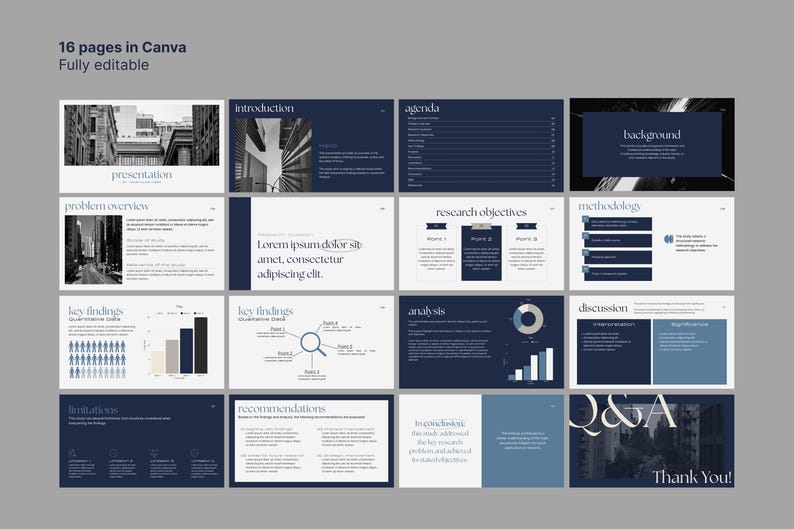 Puede incluir: Una plantilla de presentaci&oacute;n de 16 p&aacute;ginas, totalmente editable en Canva. El dise&ntilde;o presenta una combinaci&oacute;n de colores azul marino y blanco con im&aacute;genes arquitect&oacute;nicas y gr&aacute;ficos. El texto incluye "Introduction", "Agenda", "Problem Overview" y "Q&A".