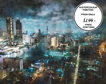 City at night watercolour painting skyline printable wall art building birds eye view industry home decor original artwork print