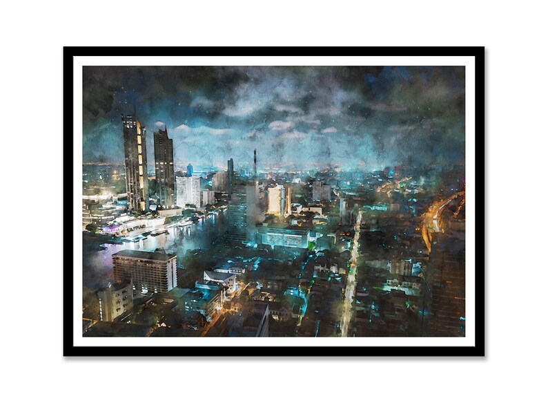 City at night watercolour painting skyline printable wall art building birds eye view industry home decor original artwork print
