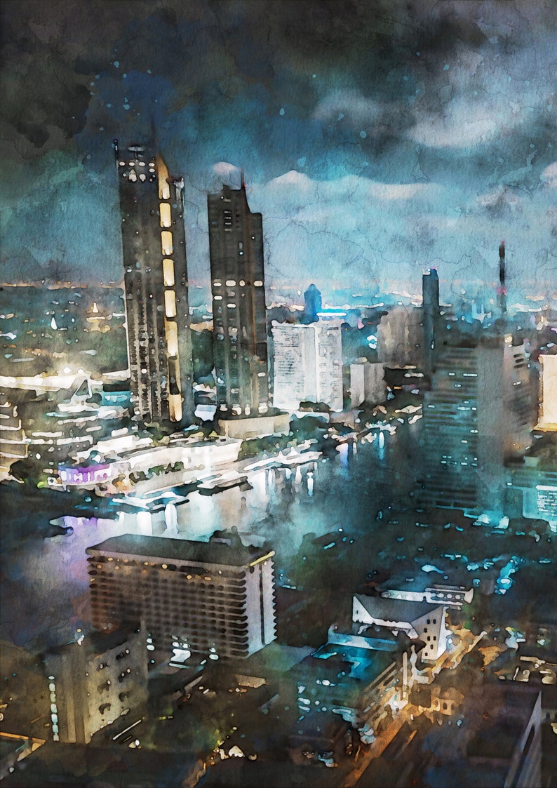 City at night watercolour painting skyline printable wall art building birds eye view industry home decor original artwork print