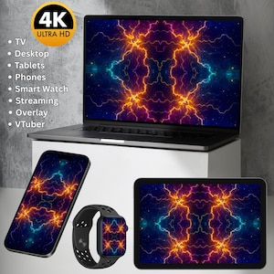 May include: A laptop, smartphone, smartwatch, and tablet displaying a 4K Ultra HD digital wallpaper featuring symmetrical orange and blue lightning patterns against a dark starry background. Text on the left lists TV, Desktop, Tablets, Phones, Smart Watch, Streaming, Overlay, and VTuber.