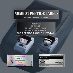May include: Image of a label printer with the text "NIIMBOT PEPTIDE LABELS" and label sizes. The image includes two label designs with "BPC-157" and "5mg" on them. The text also states "Includes: 2 designs, 50 prefilled peptides, available in 3 sizes - 300 peptide labels in total."