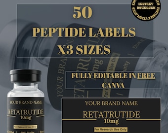 Peptide Vial Labels, Black Gold Design, 50 Pre-filled Peptides (Digital Download)