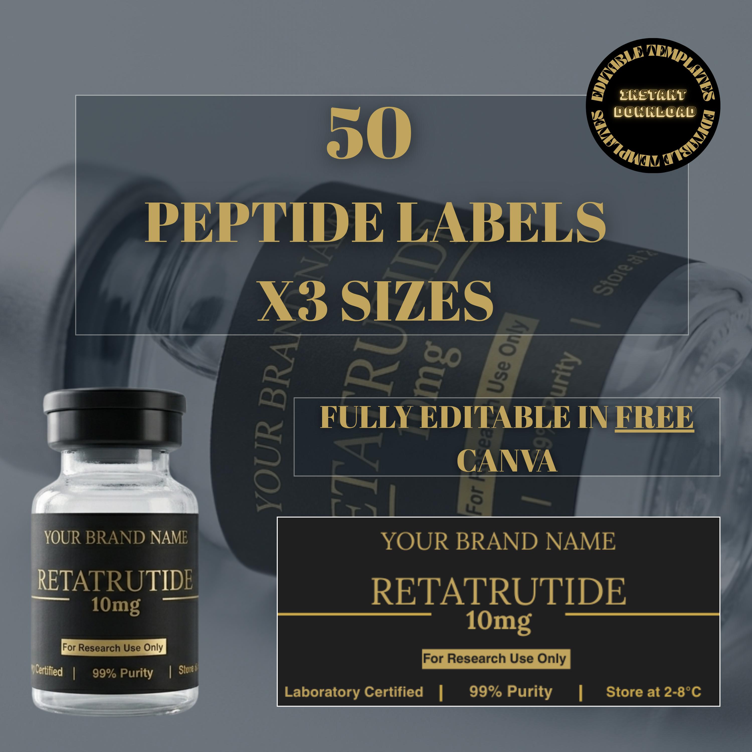 Labels voor peptideflacons, sjabloon voor Niimbot-peptidelabels, zwartgouden ontwerp, 50 voorgevulde peptiden (digitale download)