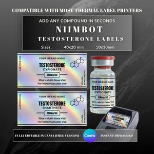 以下が含まれることがあります： Niimbotサーマルプリンター対応のテストステロン・シピオネートおよびエナンセートバイアル用ホログラムラベル。40x20mmと50x30mmのサイズで、Canvaで編集可能。用量、保管方法、化学構造を示すテキストが記載されています。
